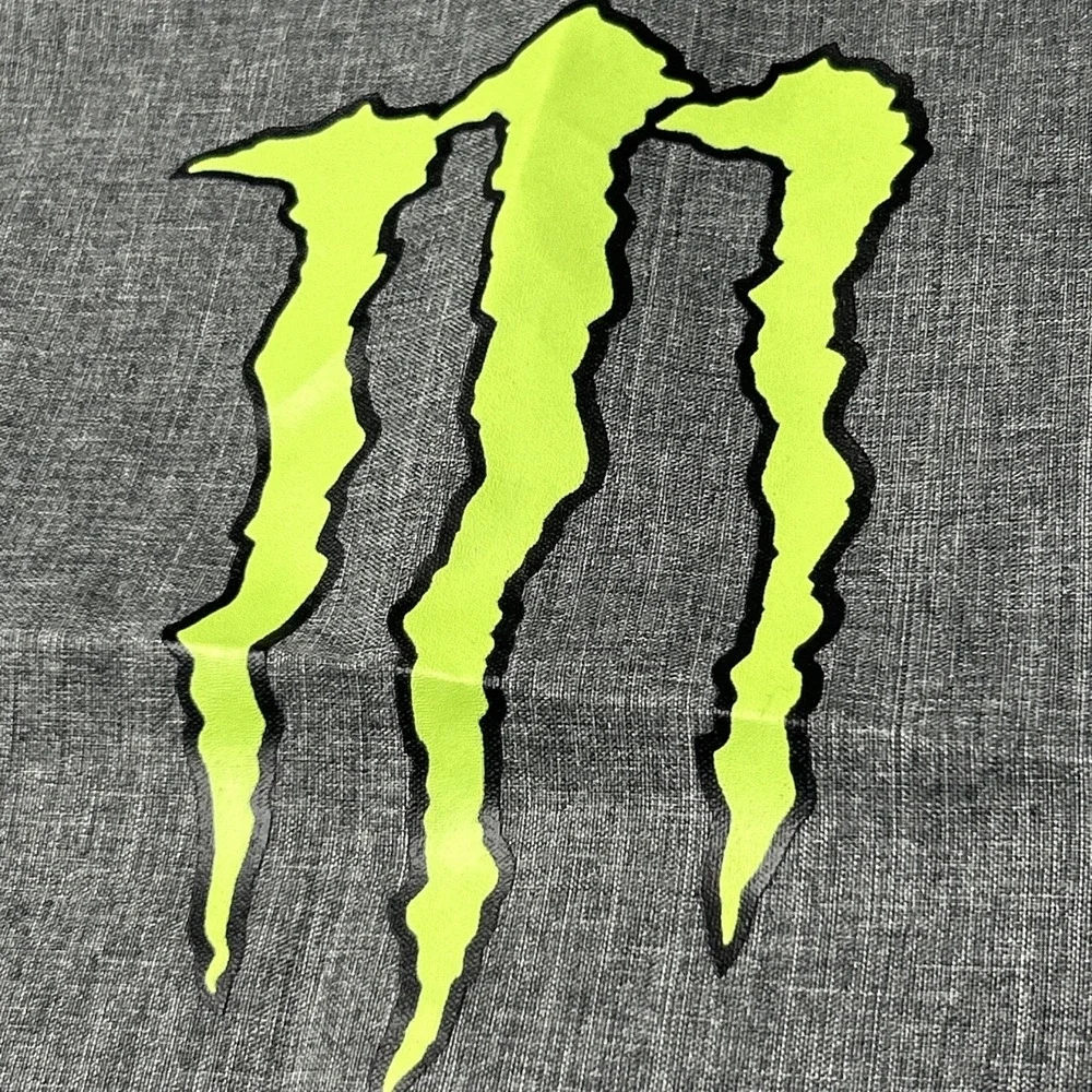 Monster Energy Drawstring Cinch Backpack Gray Front Zipper Pocket Green Logo